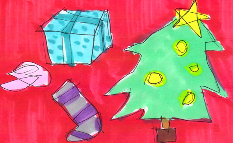 Hand-drawn Christmas scene with a green tree, wrapped present and striped stocking against a pink background.