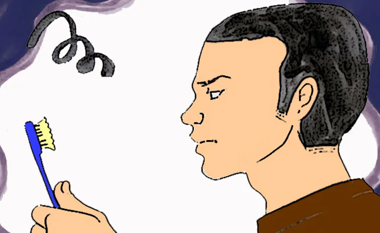 A short-haired man shown in profile, holding a blue toothbrush with splayed yellow bristles; black spiral marks appear beside him within a purple border.