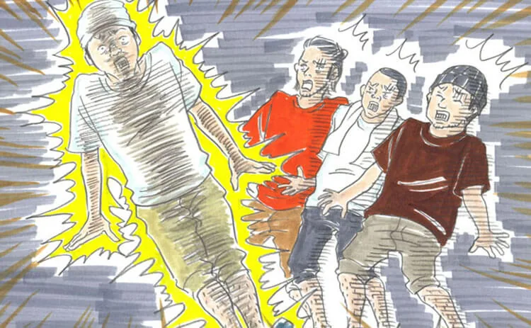 An illustration of a wide-eyed man in a knit cap, white T-shirt, and khaki pants surrounded by yellow flashes of electricity. His clothes are blackened as if scorched. Behind him, three men recoil in shock against a stormy gray sky.