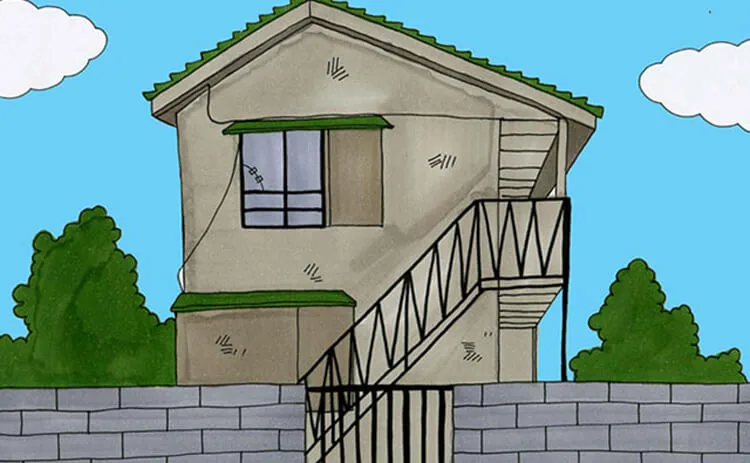 Illustration d'un immeuble gris avec un escalier extérieur et des bordures vertes sous un ciel bleu.