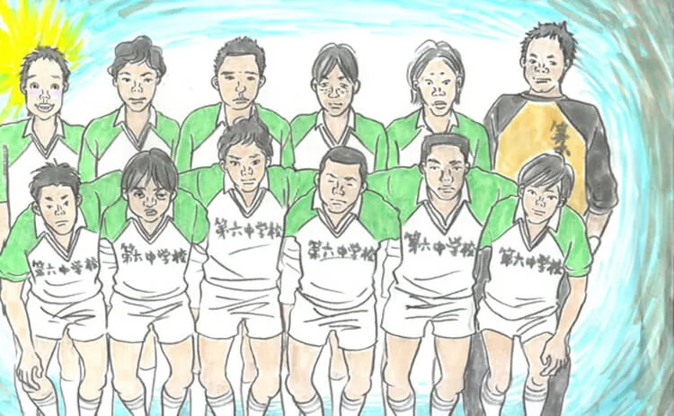 Dessin de douze joueurs de football disposés sur deux rangs, avec des marques indistinctes sur leurs maillots.