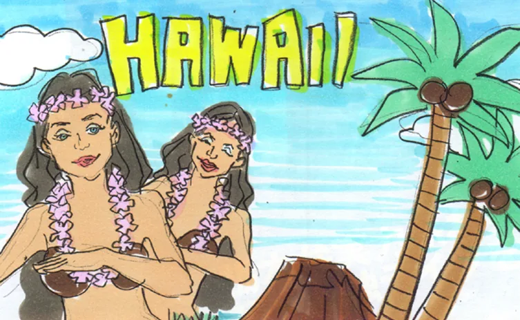 Une illustration sur le thème d’Hawaï : de grandes lettres jaunes HAWAII, deux femmes dansant avec des fleurs, des palmiers, un ciel bleu, des nuages et une montagne brune.