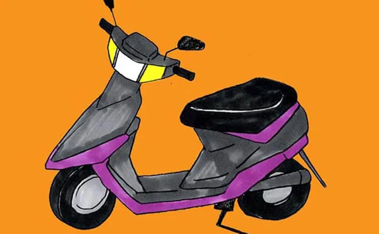 Dessin d’un scooter noir et violet sur fond orange.