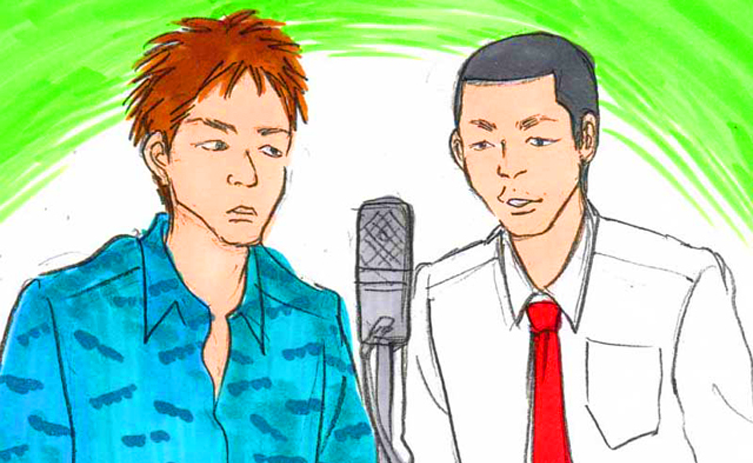 マイクを挟んで並ぶU字工事のイラスト。左は青いシャツ、右は白い上着に赤いネクタイを着けている。