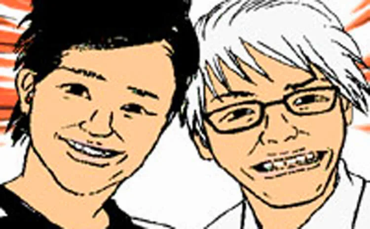 Karikatur dua pria yang tersenyum dengan latar putih dan garis-garis oranye.