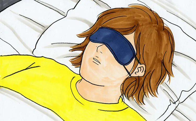 Ilustrasi orang berbaju kuning yang berbaring di bantal dengan penutup mata biru.