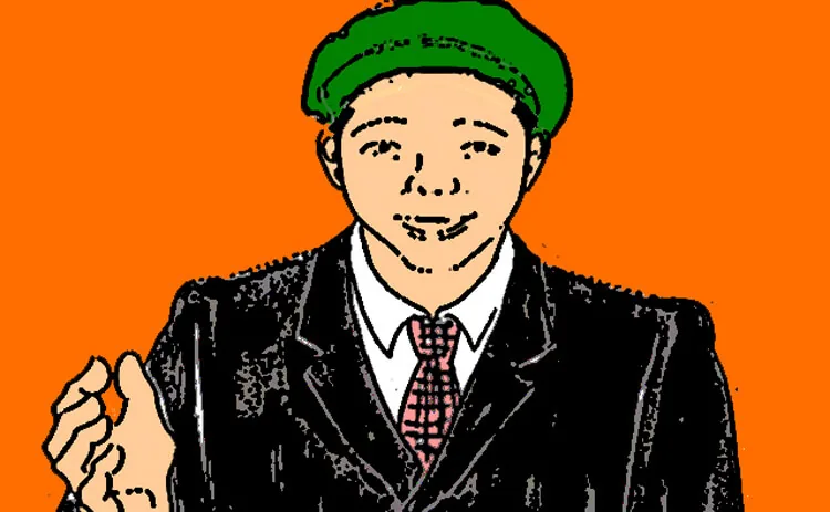 Ilustrasi seseorang dengan topi hijau, jas gelap, kemeja putih, dan dasi kemerahan bermotif di atas latar oranye. Sebuah tangan terlihat di kiri bawah. Tidak ada tulisan.