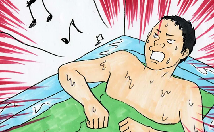 Ilustrasi seorang pria berambut pendek berendam dalam air hijau di bak mandi biru. Mulutnya terbuka, dengan not musik hitam dan garis-garis merah di sekelilingnya.