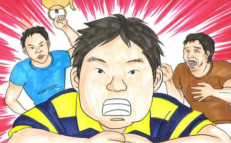 붉고 흰 방사선 배경 앞에 세 인물이 있는 삽화. 앞쪽 인물은 노랑·남색 줄무늬 옷을 입고 입을 벌리고 있으며, 왼쪽 인물은 노란 물건을 든 팔을 올리고 오른쪽 인물은 웃고 있다.