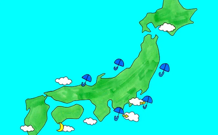 하늘색 배경의 초록색 일본 지도 위에 흰 구름, 파란 우산, 노란 초승달과 화살표 모양의 날씨 기호가 겹쳐 있는 그림.