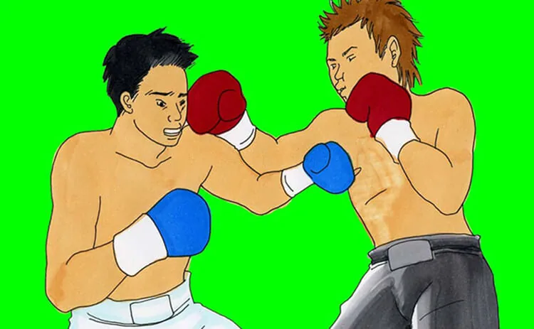 초록색 배경에 빨간색과 파란색 복싱 글러브를 낀 두 사람의 삽화.