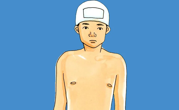 Ilustração frontal de um nadador de peito descoberto e touca branca sobre fundo azul. Há um retângulo vazio desenhado na touca.