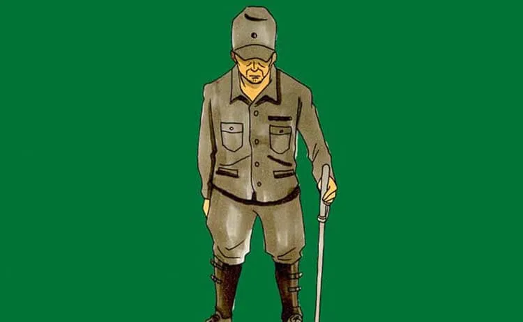 Ilustração estilizada de um homem de uniforme, quepe e bigode sobre um fundo verde-escuro.