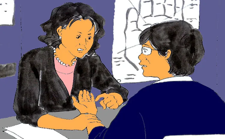 穿黑衣、戴著珍珠般項鍊的人指著一位戴眼鏡者的手掌，背後有大幅手部線條圖的插畫。