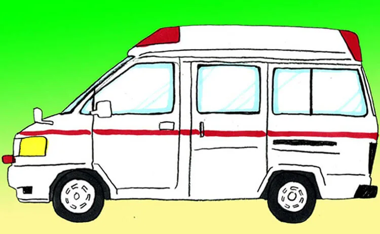 一輛白色車身、帶有紅色橫條的日本救護車插畫。