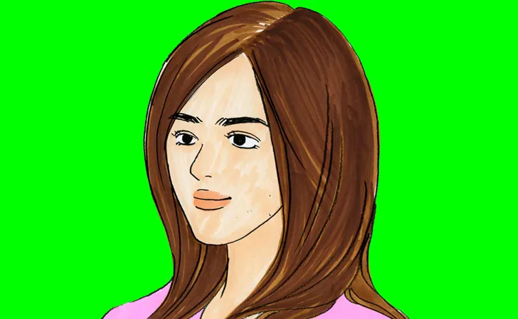 一名留著棕色長髮、穿粉紅色上衣的女子插畫。